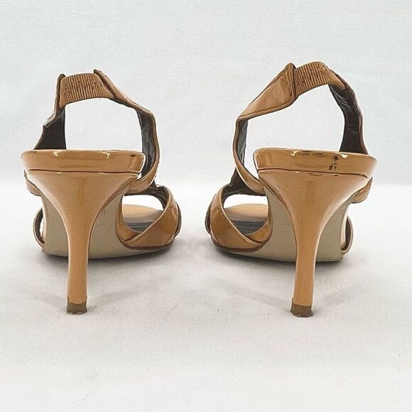 Moda Spana Golden Tan Strappy Patent Slingback Open Toe Heeled Sandals Size 7 - Picture 10 of 11
